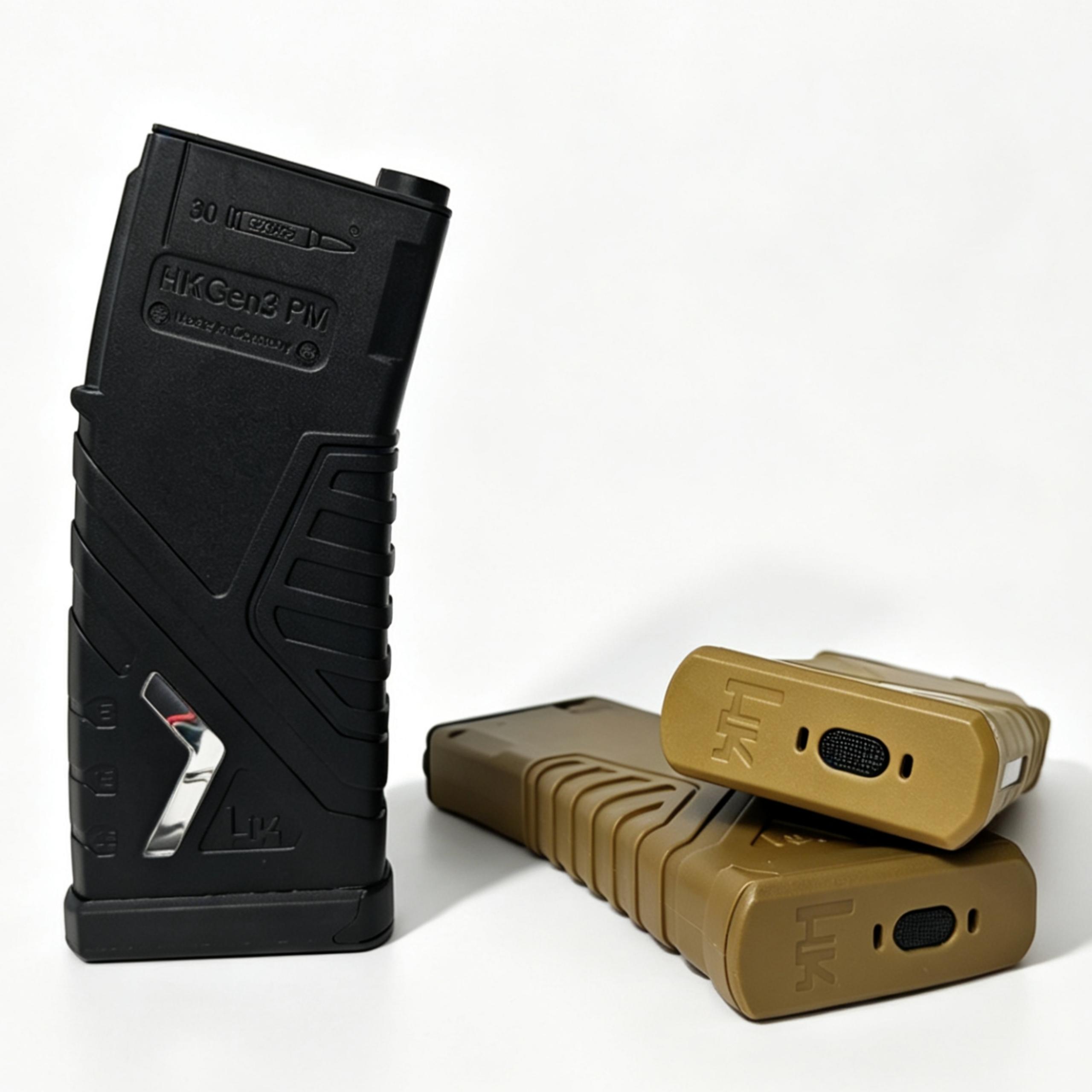ARETH HK416 AEG spring magazines in Black, RAL8000 and Tan display