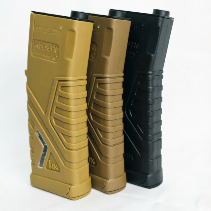 Rear view of ARETH HK416 AEG spring magazines in three colors