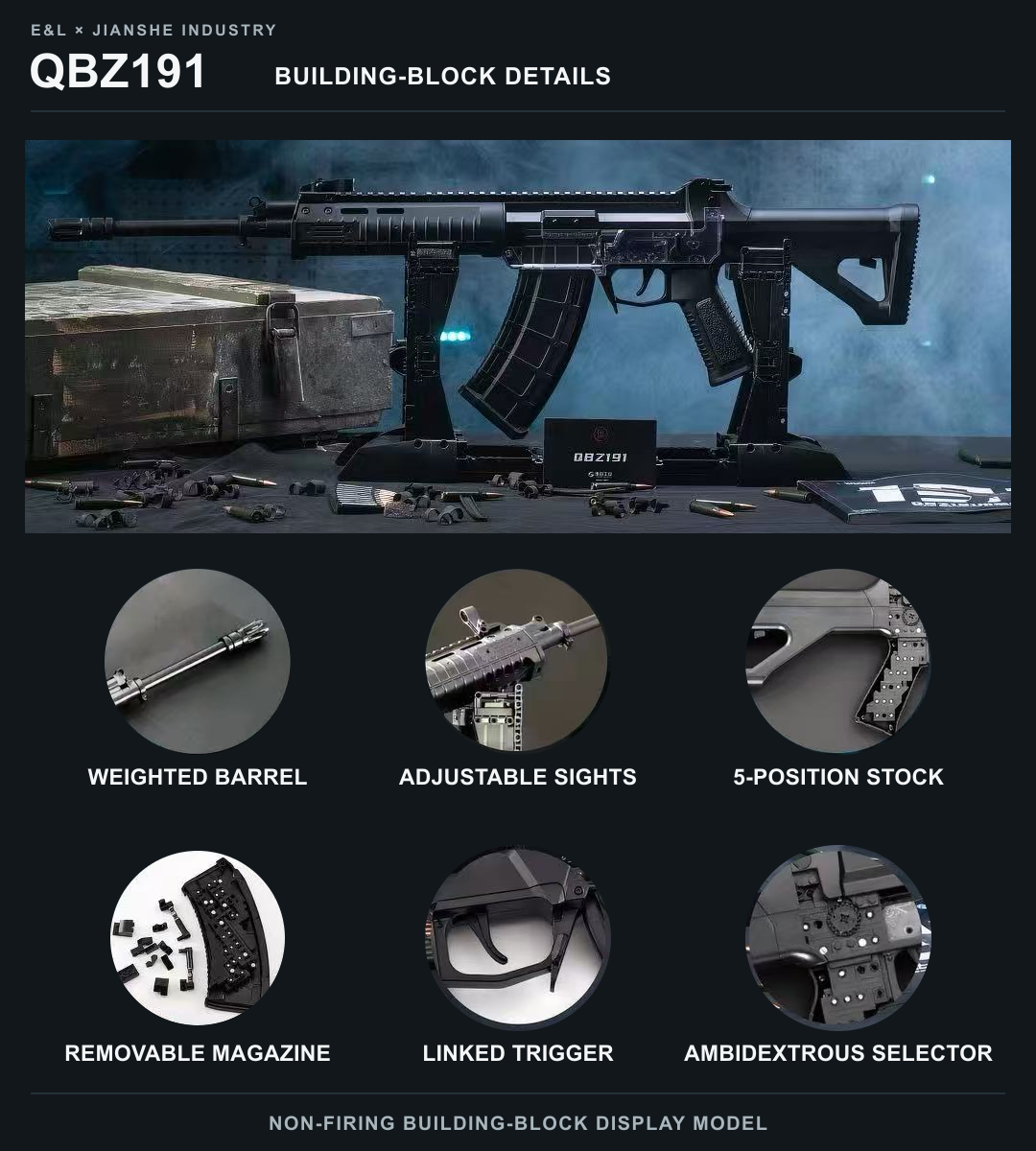 QBZ191 black building block model and six original photographed construction details