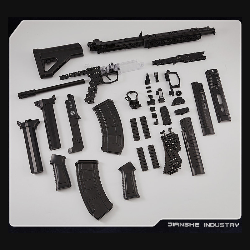 QBZ191 black building block model component layout before final assembly; manufacturer image