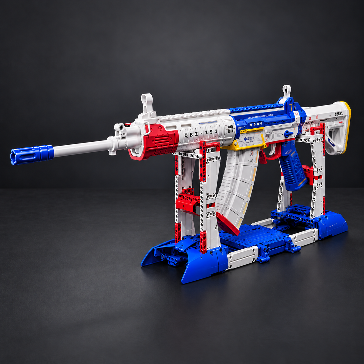 E&L Jianshe QBZ191 mecha colour non-firing building block model with its original display stand on a charcoal background