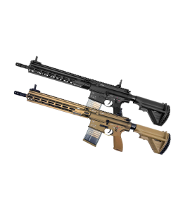 HK M110A1 DMR Gel Blaster in black and tan colors.