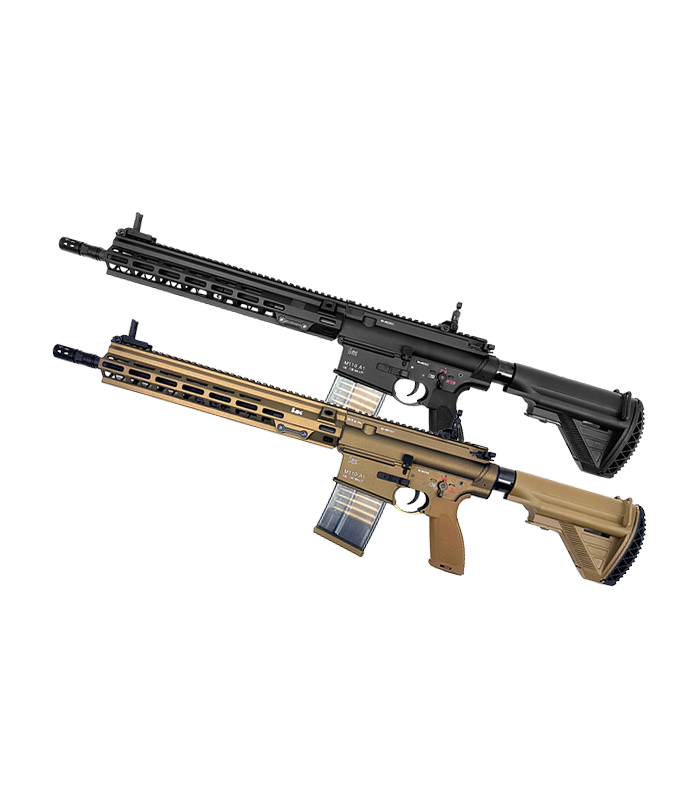 HK M110A1 DMR Gel Blaster in black and tan colors.