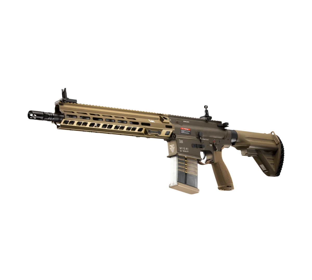 Side view of HK M110A1 gel blaster-tan.