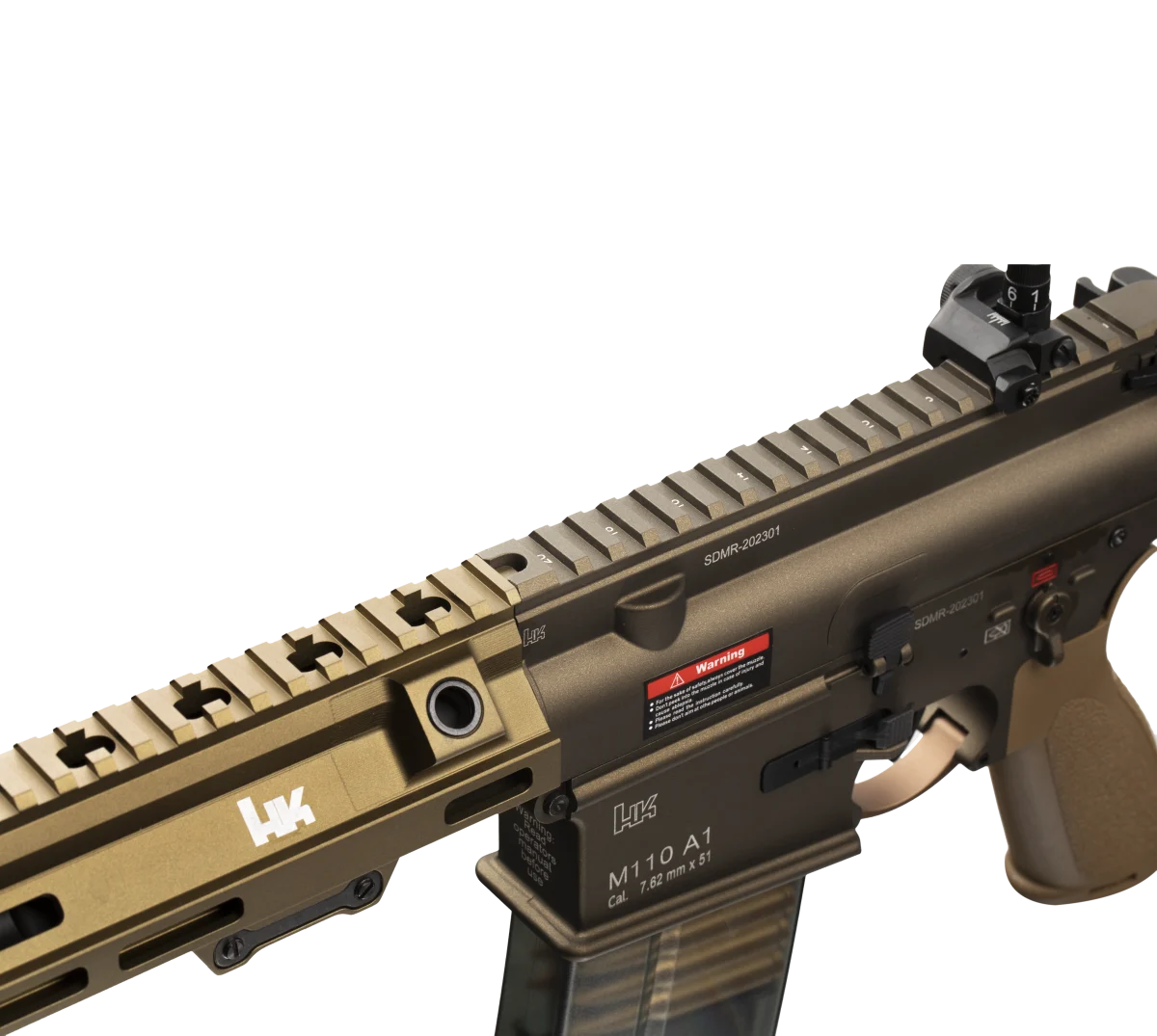 Detail of HK M110A1 gel blaster-tan.