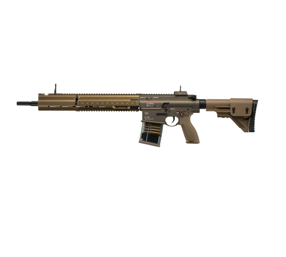 Front view of HKG28 DMR Gel Blaster-tan.