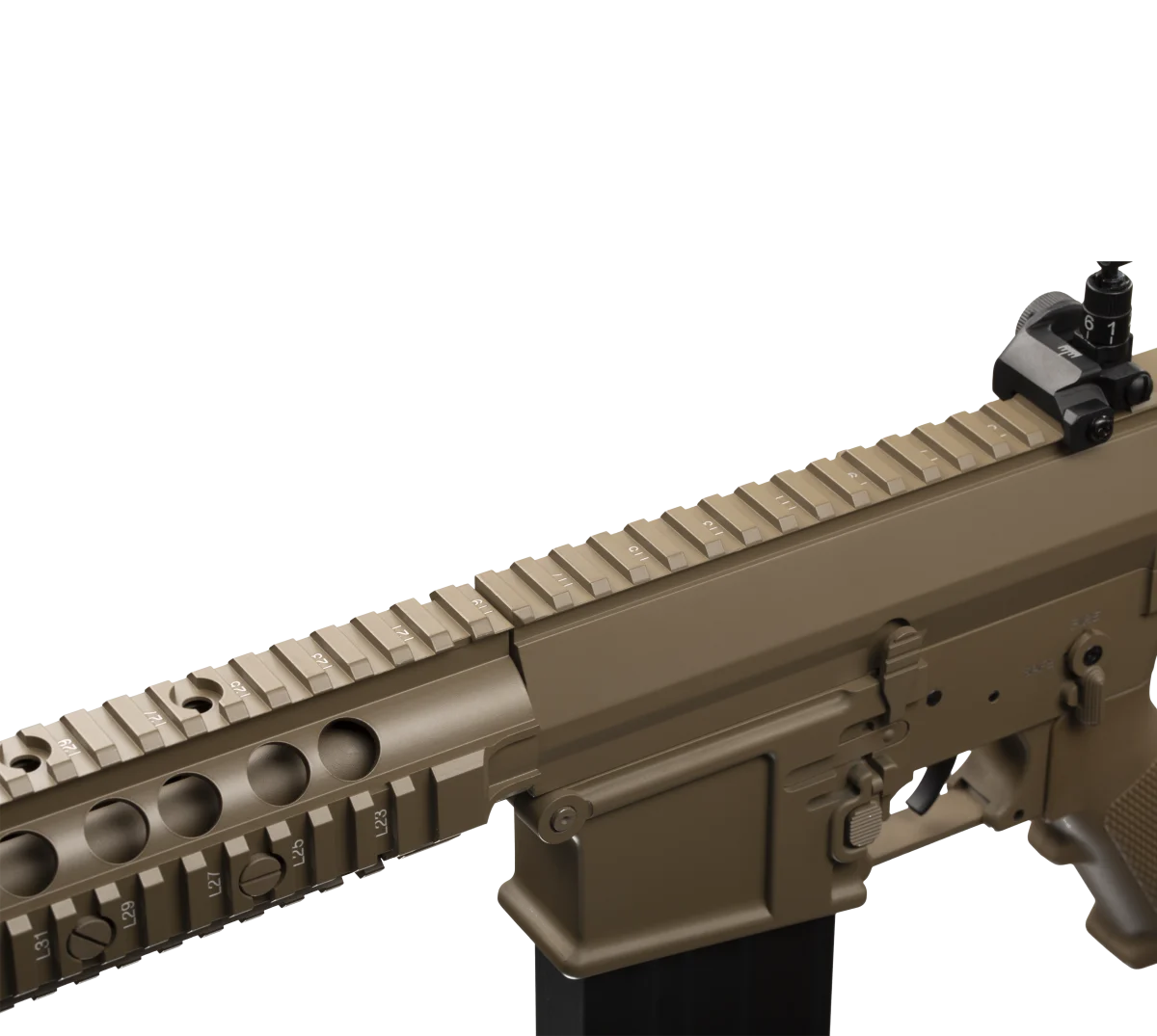 Detail of E&C KAC M110 Sniper Rifle AEG Gel Blaster Replica-tan.